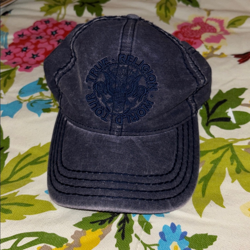 True Religion World Tour Cap with Embroidered Logo Distressed Blue Leather Strap